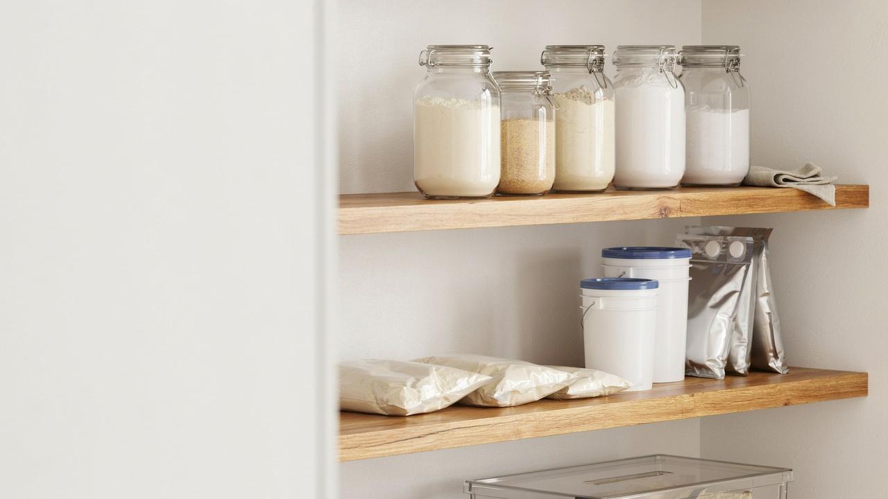 A well-organized pantry showing flour stored long term in airtight containers, Mylar bags, and food-grade buckets.