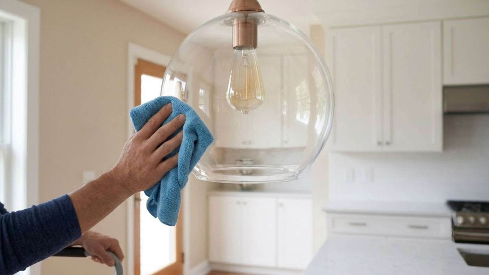 drying a glass globe light fixture with a microfiber cloth for a streak-free finish
