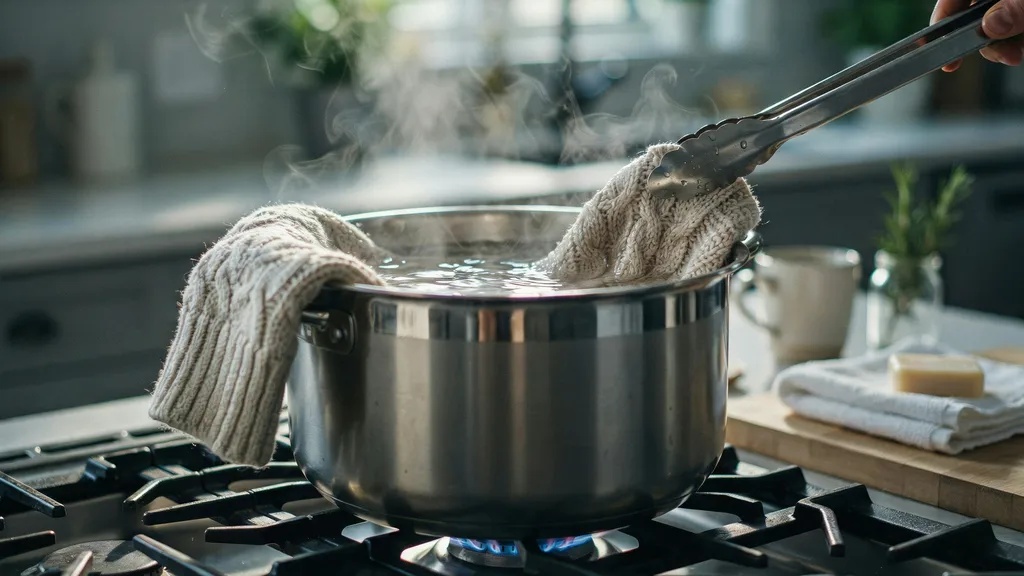 A sweater soaking in hot water inside a pot during the boiling shrink method.