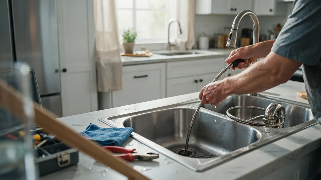 Homeowner using a drain snake to unclog a slow kitchen sink drain.