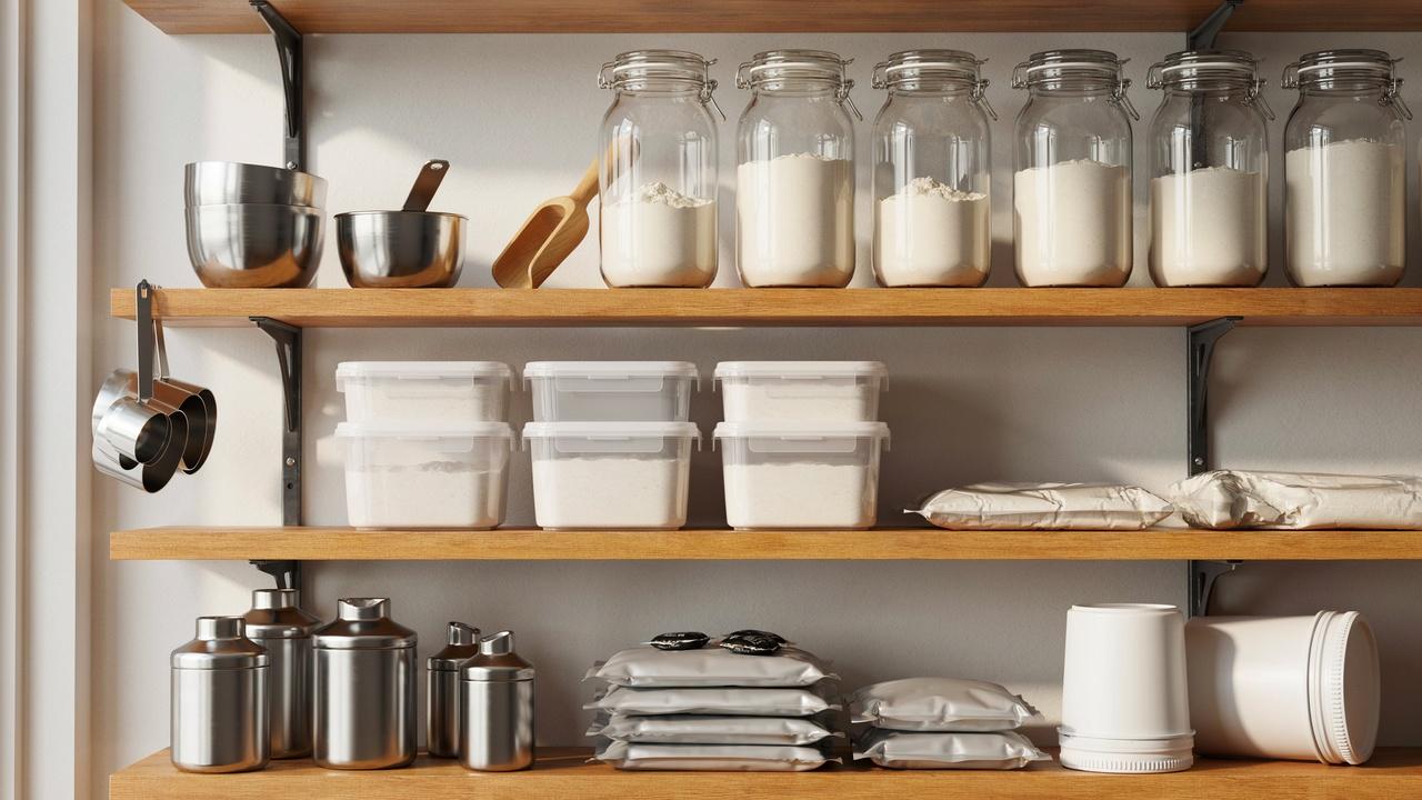 A variety of airtight containers, buckets, and Mylar bags arranged for long-term flour storage in an organized pantry.