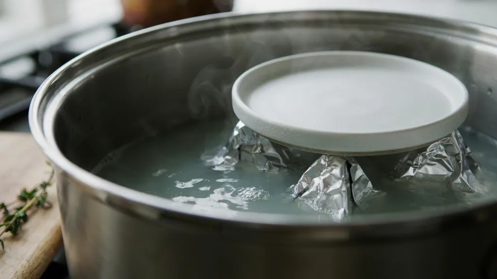 A heatproof plate elevated above hot water inside a pot for steaming food safely.
