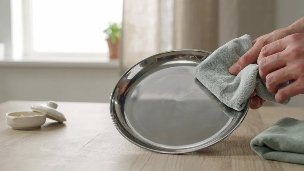 Buffing clean silver with a soft cloth to restore a bright, mirror-like shine.