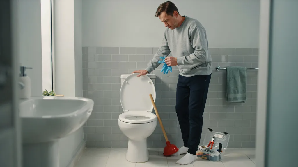 Person dealing with a clogged toilet in a bathroom, preparing to use simple home methods to unclog it safely.