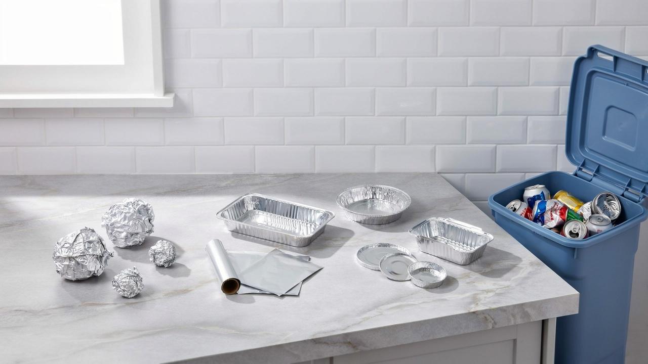 Clean recyclable aluminum foil items arranged beside a household recycling bin in a modern kitchen.
