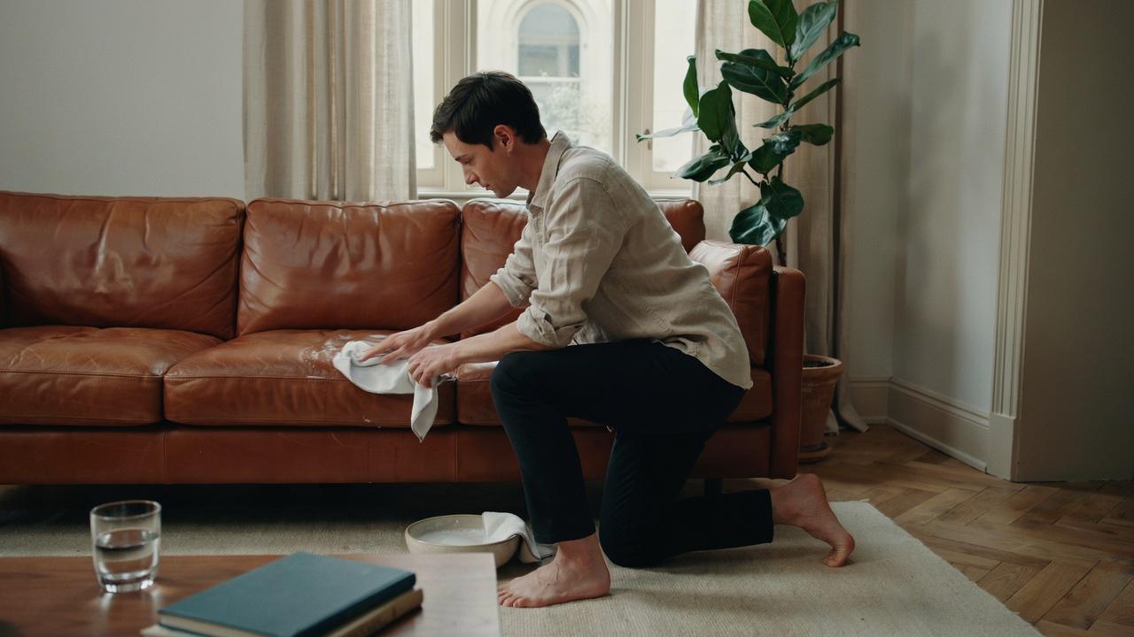 Cleaning a leather couch with a soft cloth and mild soap.