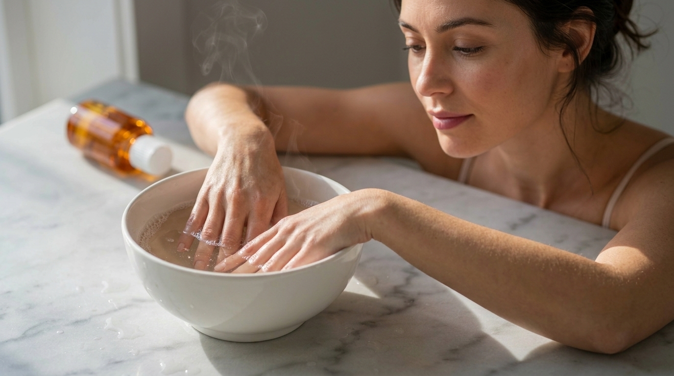 Soaking super glue in warm soapy water to loosen the bond.