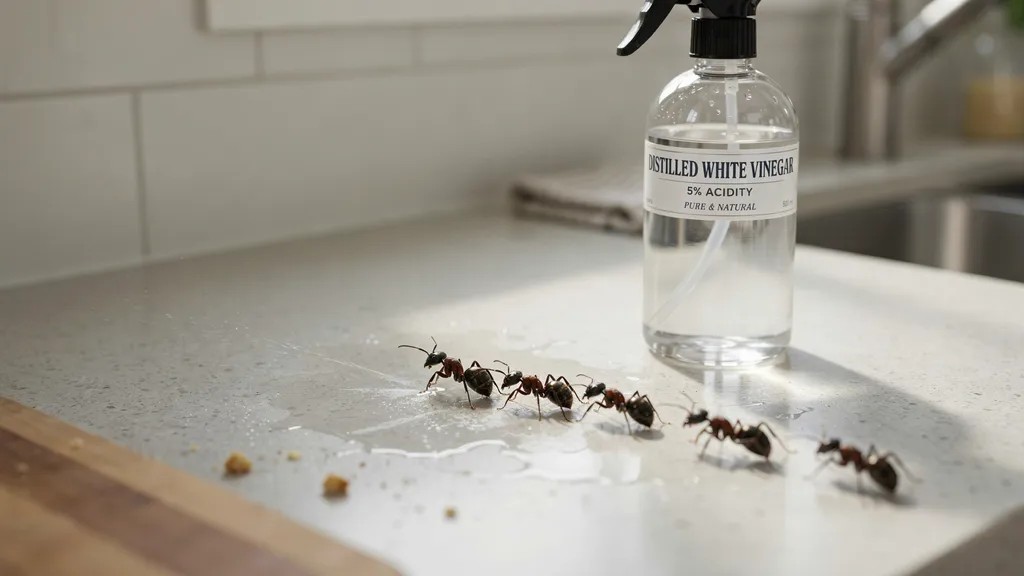 Ants near a vinegar spray showing how vinegar may repel ants rather than kill them.