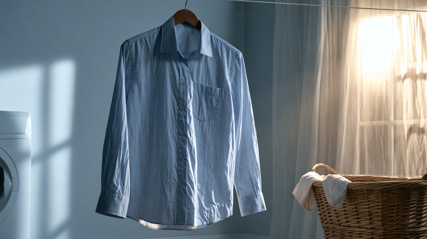 Inspecting clothes after sticker glue removal before drying.