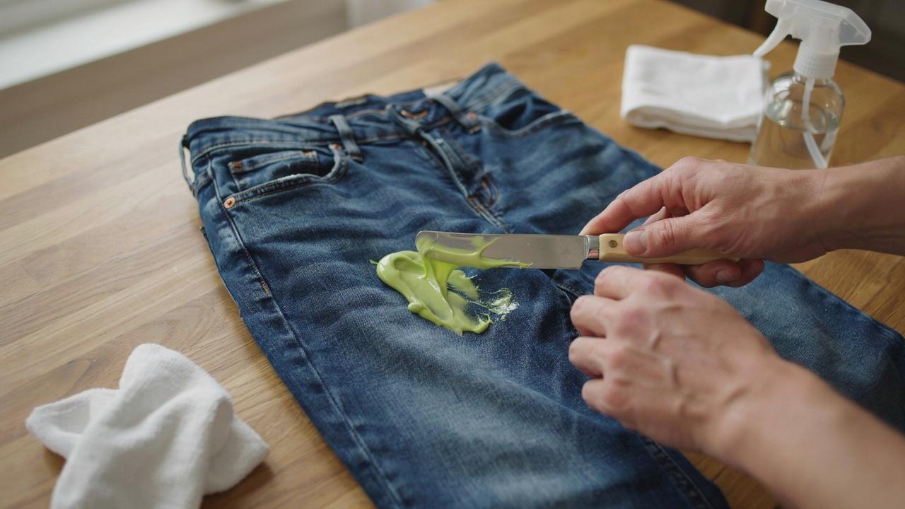 Person scraping excess slime from blue jeans with a butter knife.