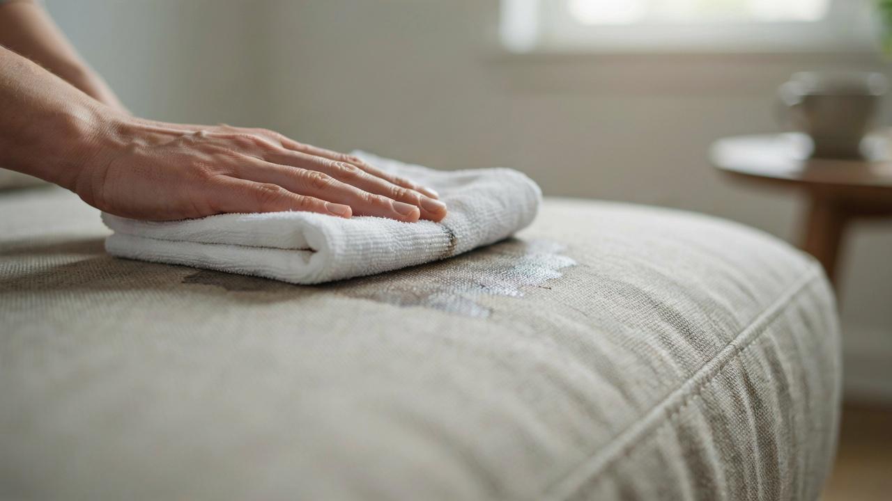 Blotting moisture from a couch stain with a microfiber cloth.