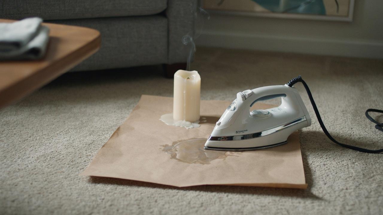 Iron and Kraft paper removing wax residue from carpet.