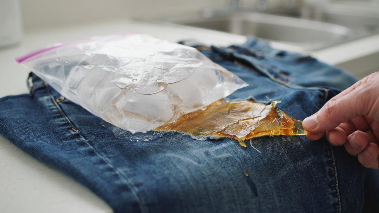 Ice cubes helping loosen dried slime from blue denim jeans.