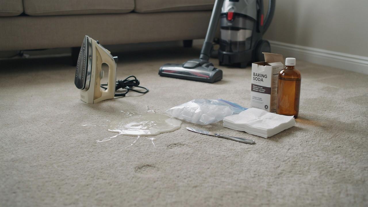Candle wax spill on carpet with tools for safe removal.