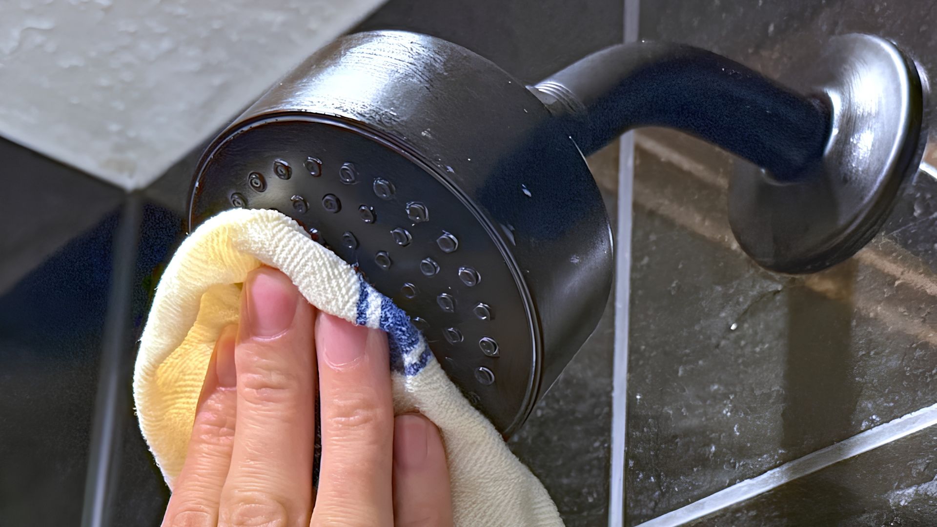 Wiping a shower head regularly to prevent mineral buildup.