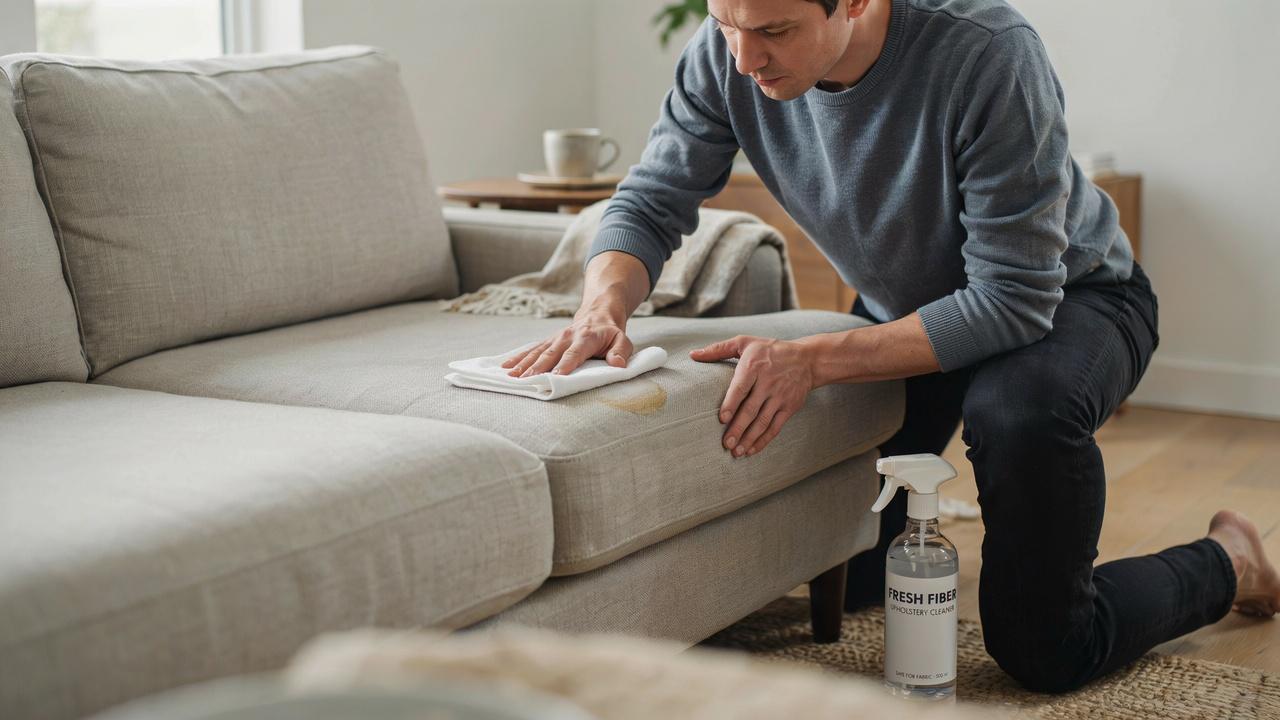 Gently lifting a couch stain using a microfiber cloth.