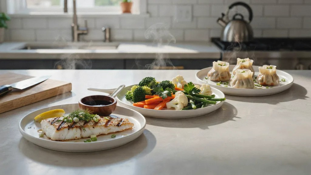 Fresh steamed vegetables and fish on plates with visible steam in a bright kitchen setting.