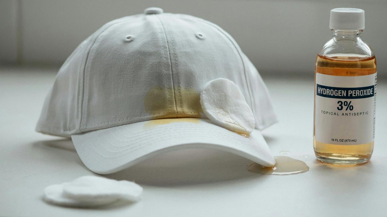 Hydrogen peroxide removing yellow sweat stains from a white hat.