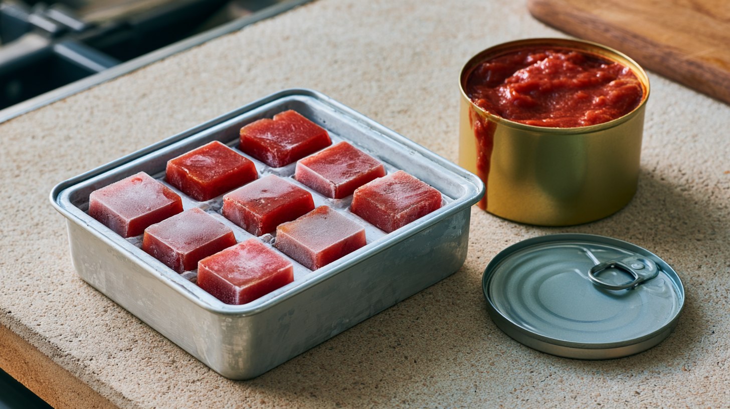 Frozen tomato paste cubes in an ice tray