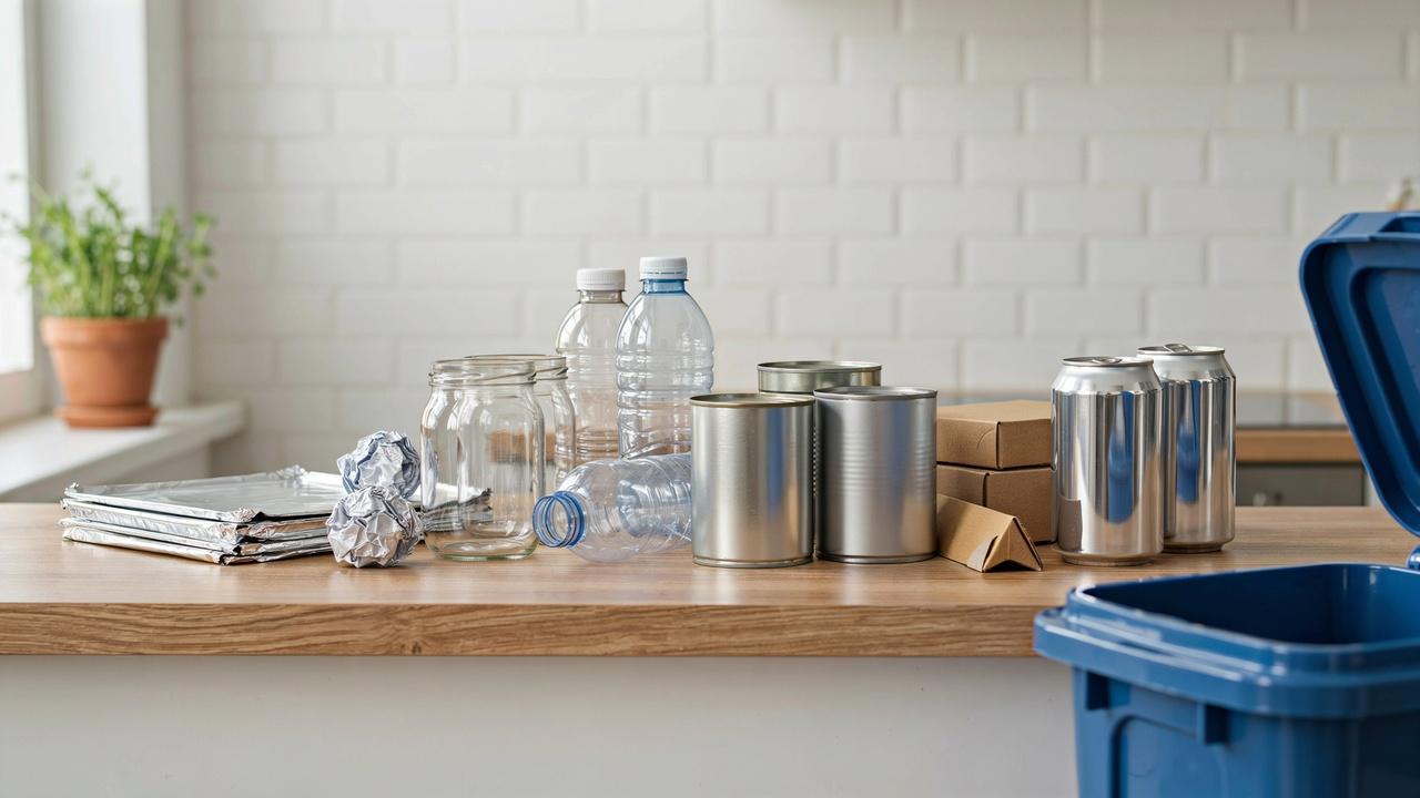 Aluminum foil compared with other recyclable kitchen items arranged near a recycling bin.