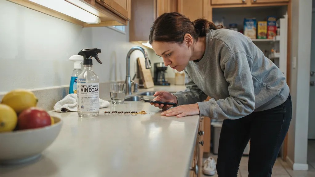 Kitchen scene showing ants and vinegar as a common home solution for ant problems.
