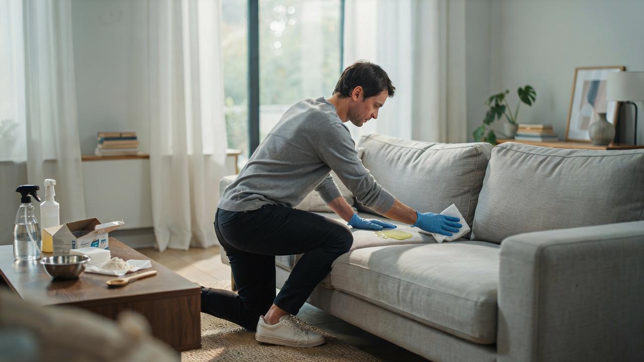 Person cleaning fresh vomit from a gray fabric couch using household cleaning supplies.