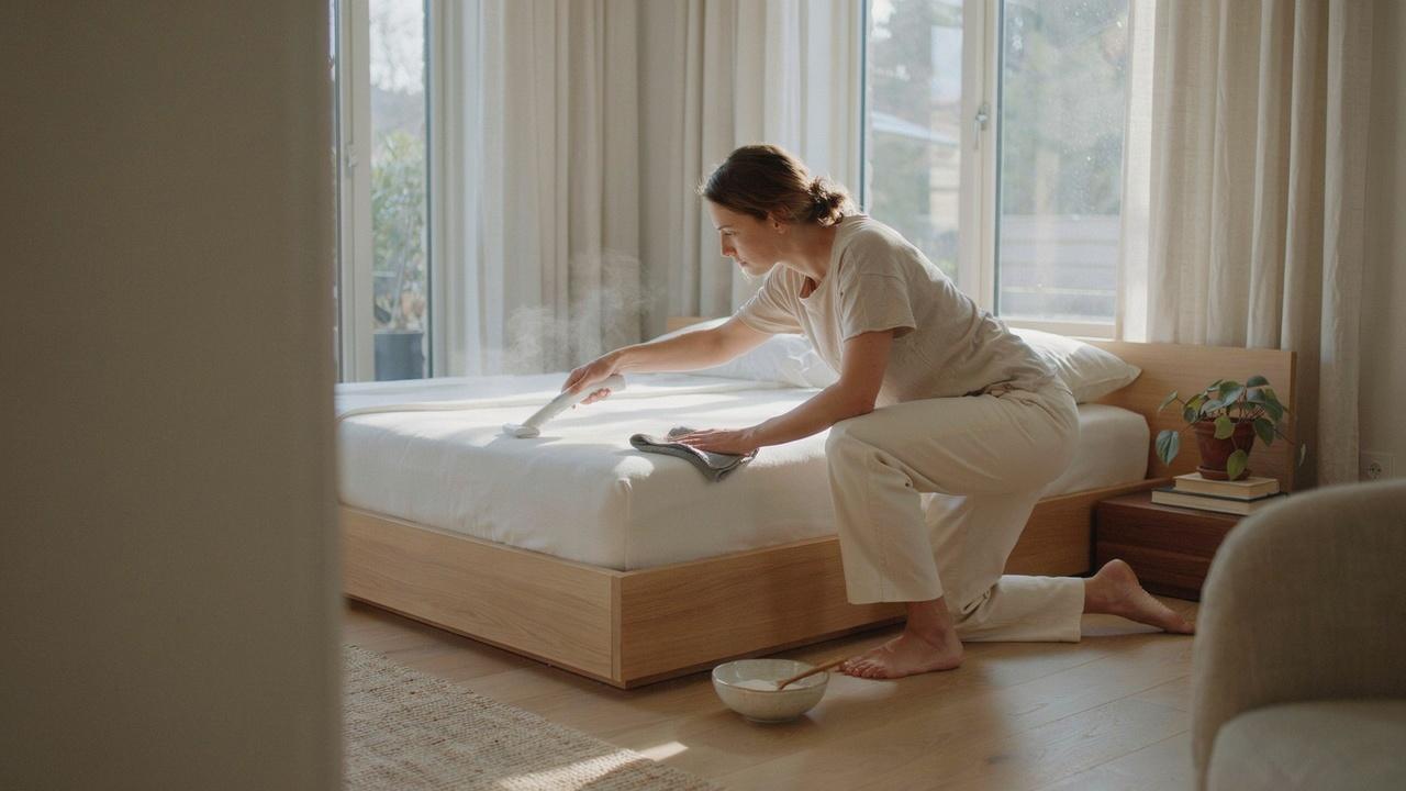 Person cleaning a mattress with a vacuum and baking soda in a bright bedroom.