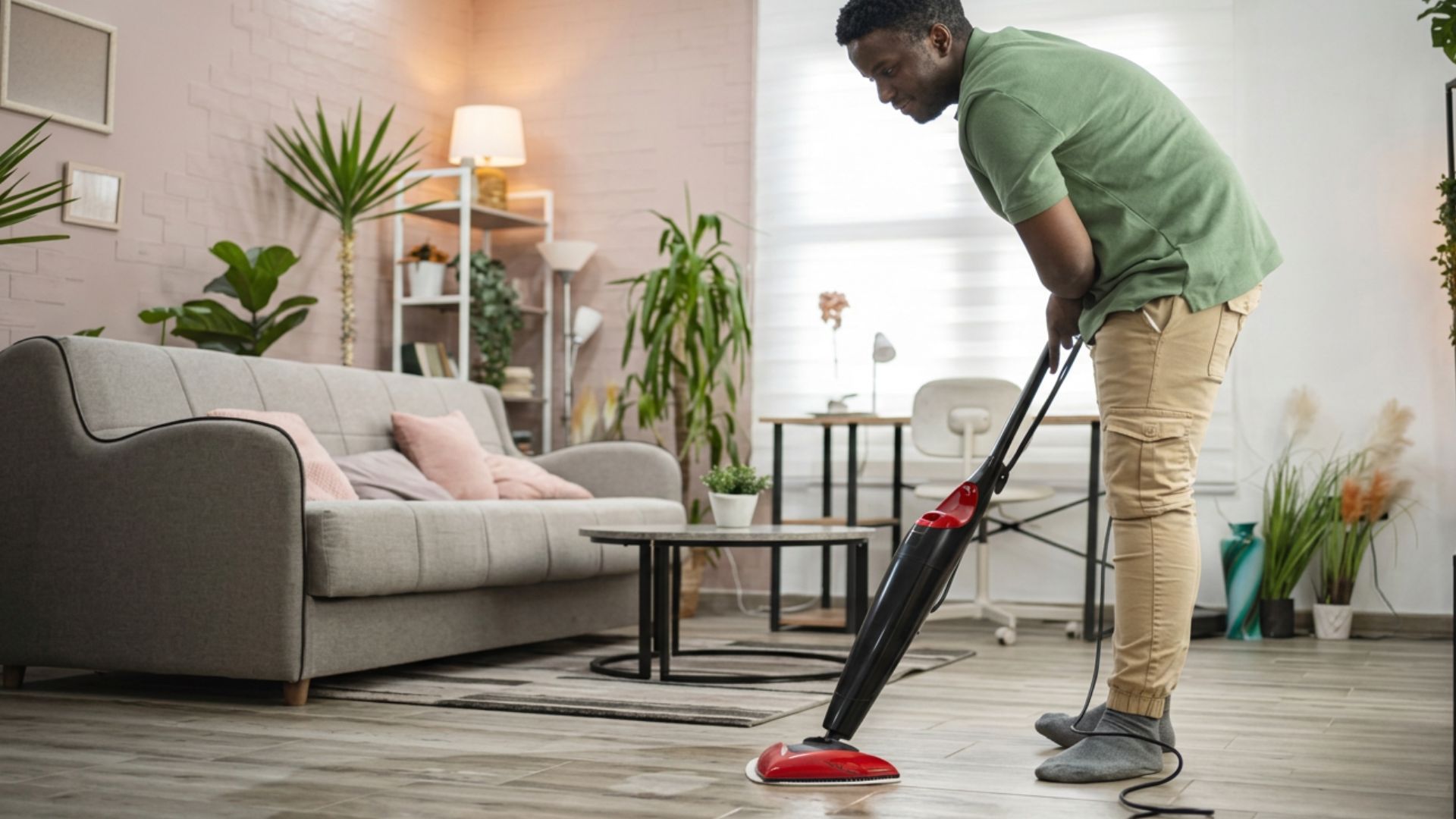 Man in a green shirt using a red steam mop to clean the wood floor of his living room.