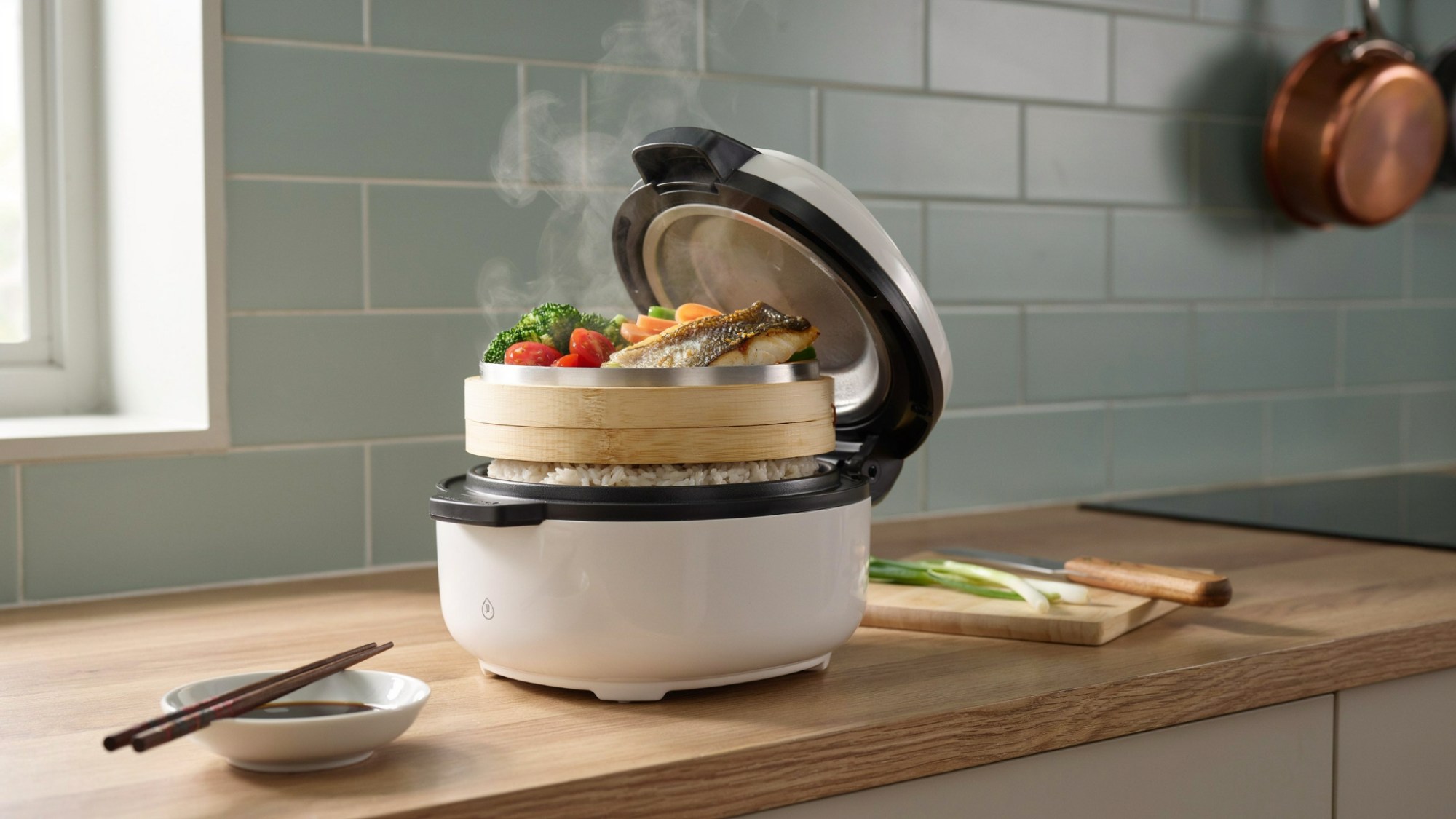 A rice cooker steaming vegetables in the upper tray while cooking rice below.