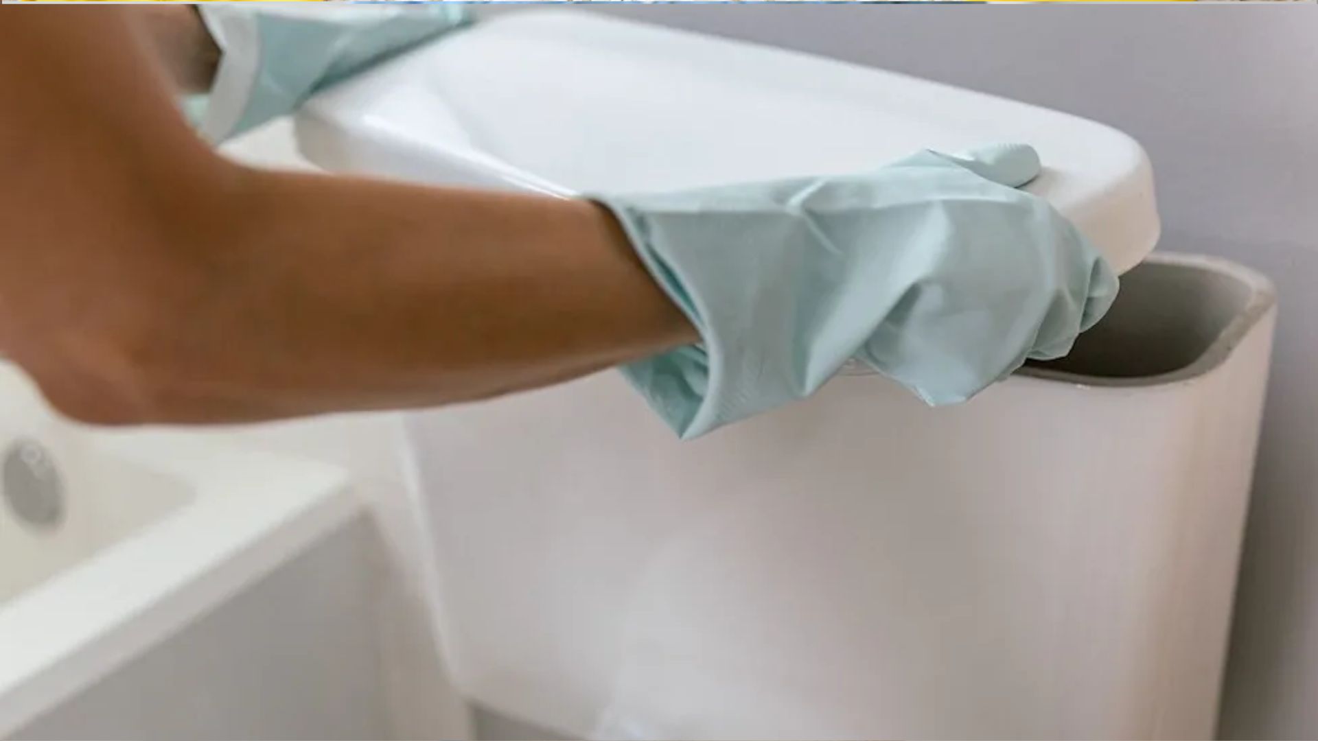 Person wearing light blue rubber gloves lifting the white lid off a toilet tank in a clean modern bathroom.