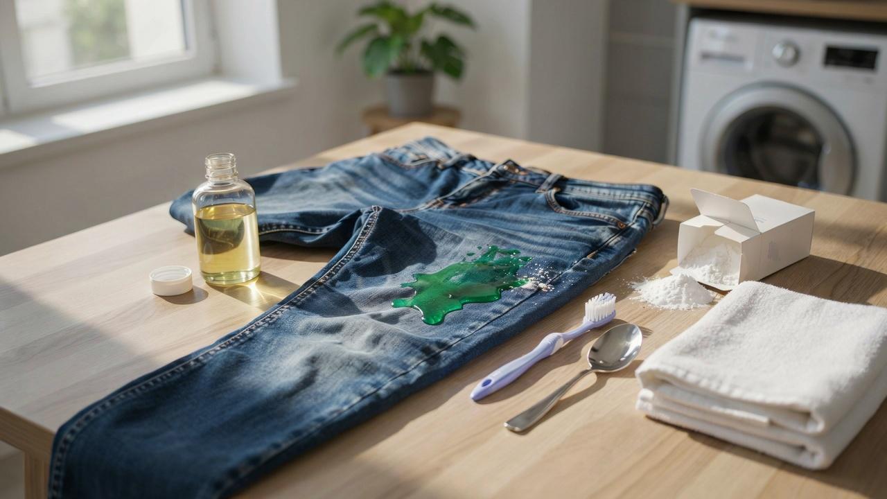 Blue jeans with slime stain beside dish soap, baking soda, and cleaning tools on a laundry table.