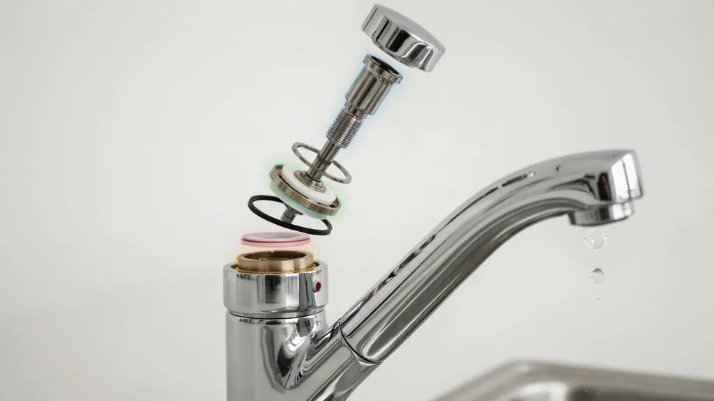 Diagram-style view of faucet parts showing common causes of a dripping tap such as worn washer, O-ring, and cartridge issues.