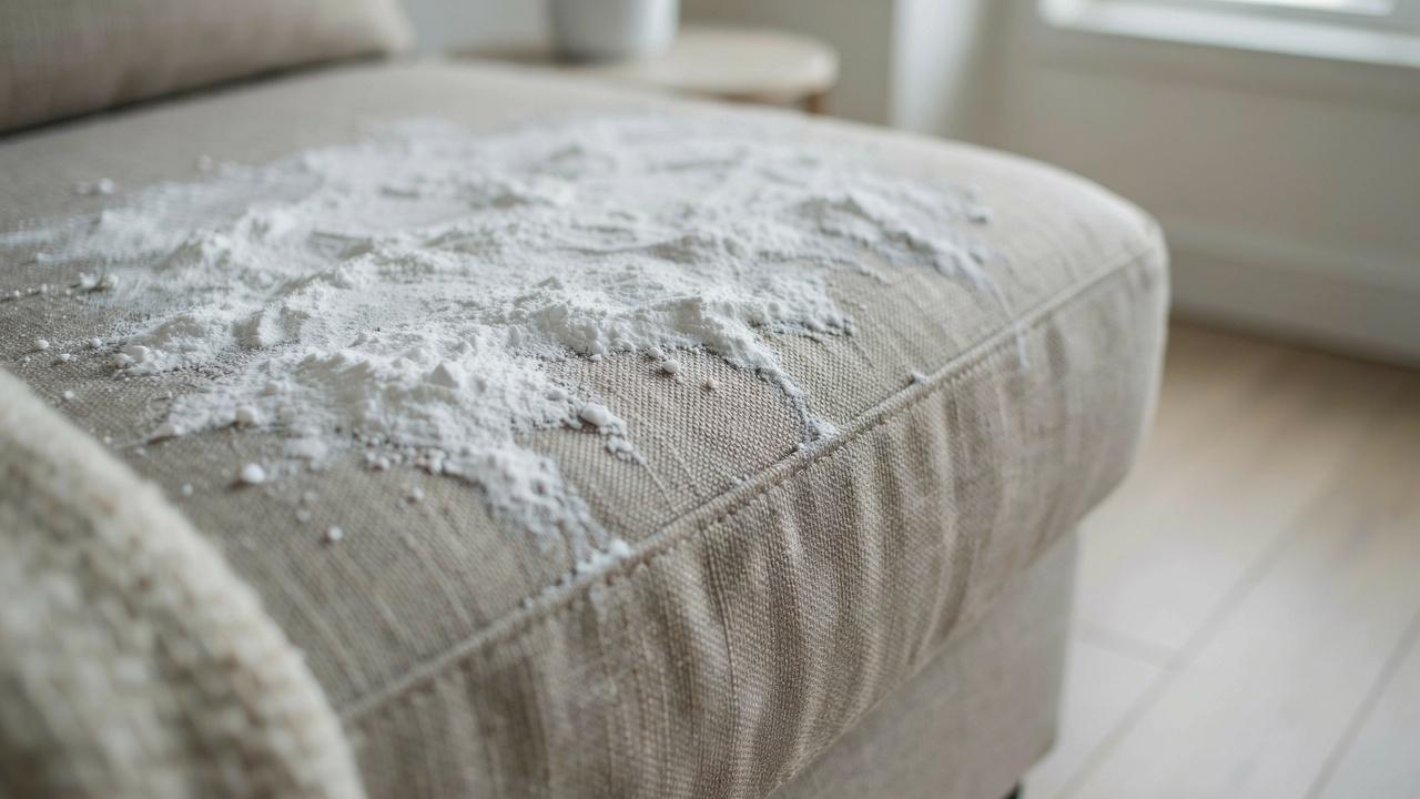 Baking soda sprinkled over a couch cushion to absorb odor.