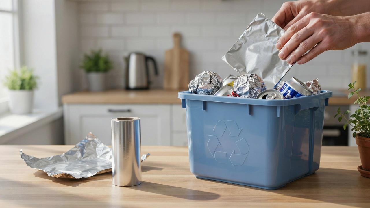 Used aluminum foil being placed into a recycling bin in a clean modern kitchen.