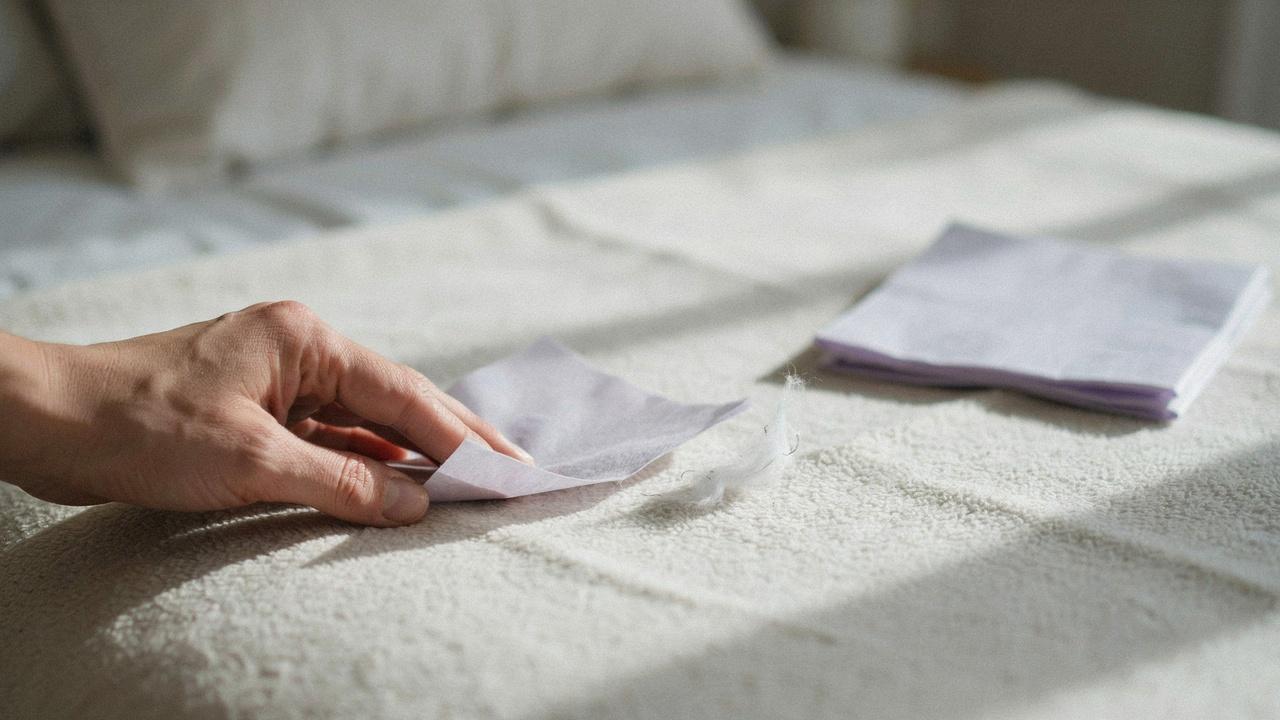 Hand wiping a white textured blanket with a dryer sheet, near a stack of sheets.