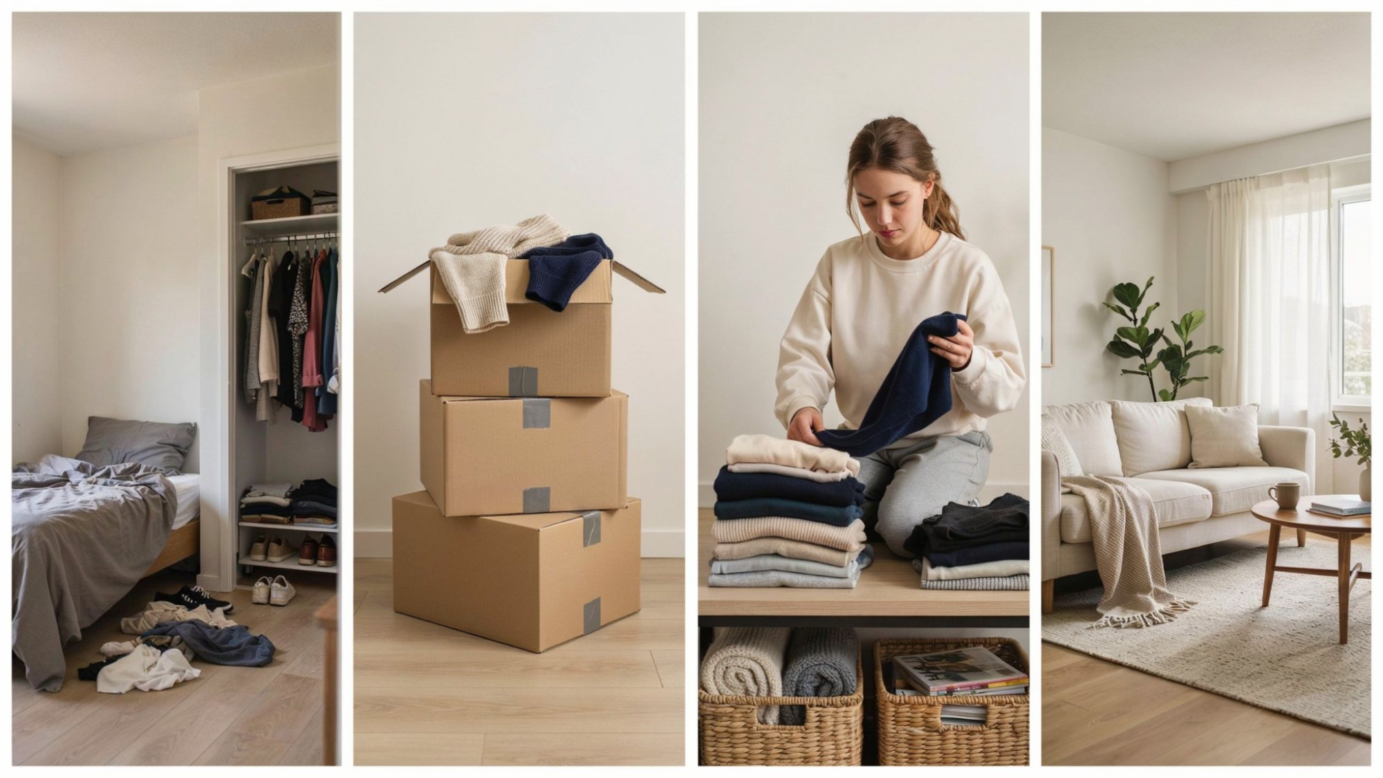 Before and after collage of a small apartment being decluttered into a clean, organized space.