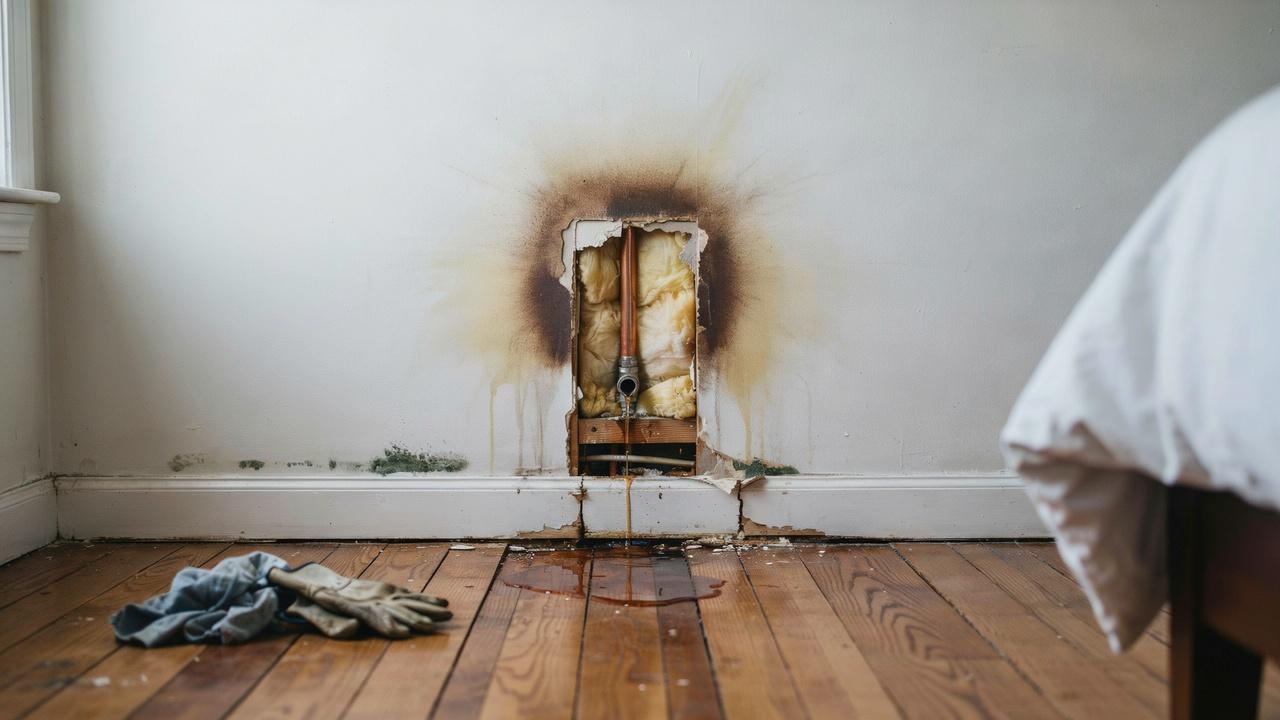 Hidden plumbing leak causing odor inside a room.