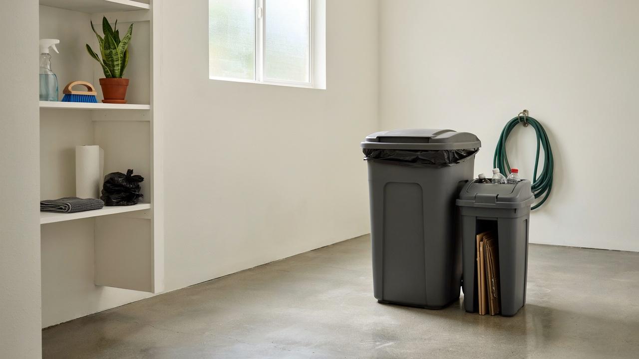 Covered household trash bin stored neatly in a clean, dry, and well-ventilated home storage area.