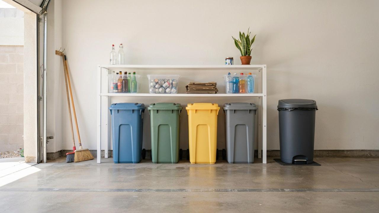 Organized home trash and recycling storage area with neatly sorted waste bins in a clean utility space.
