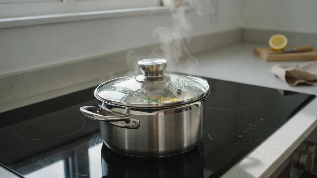 A stainless steel saucepan with a glass lid producing steam on a kitchen stovetop.