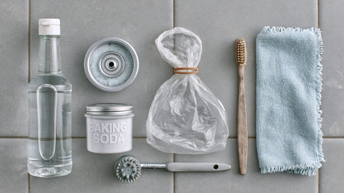Supplies needed to clean a shower head with vinegar and baking soda.
