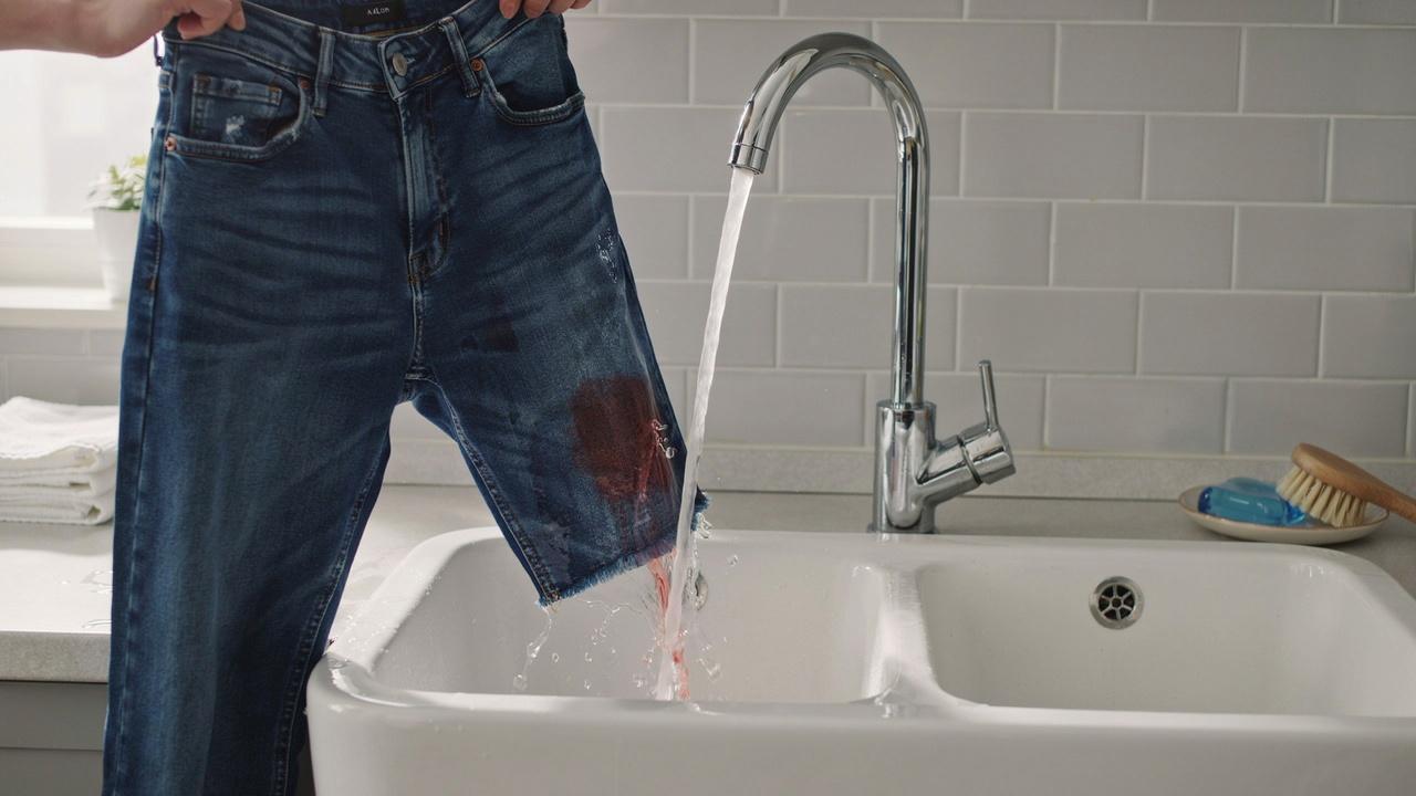 Blue jeans being rinsed under cold running water to remove slime.