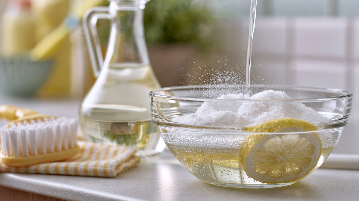 Mixing vinegar and baking soda solution for shower head cleaning.