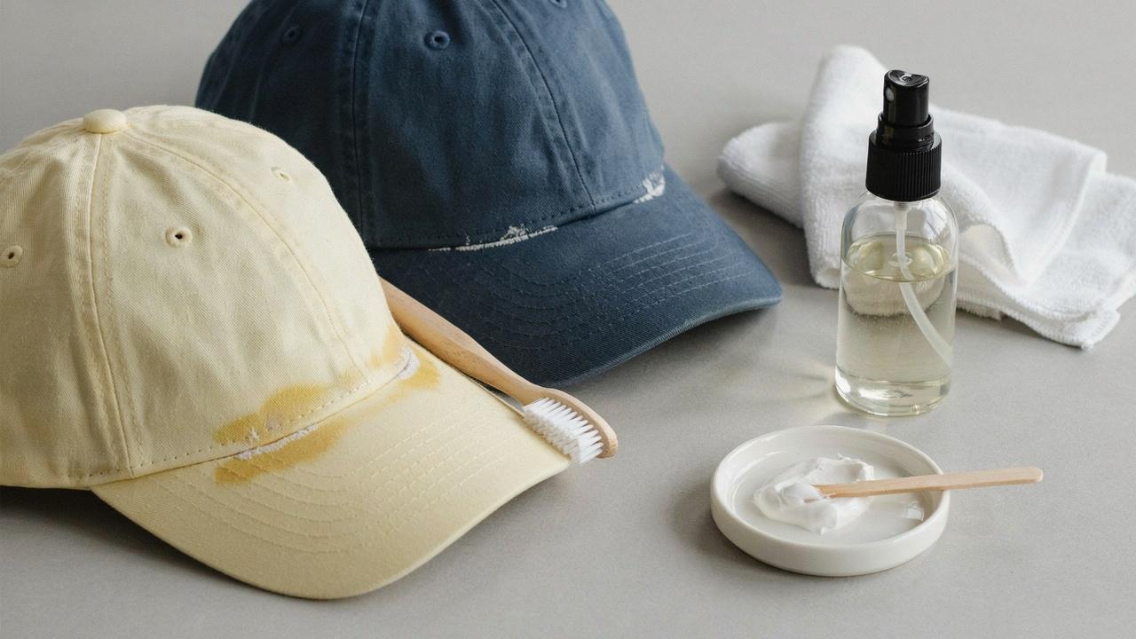 Sweat stains and buildup commonly found on hats.