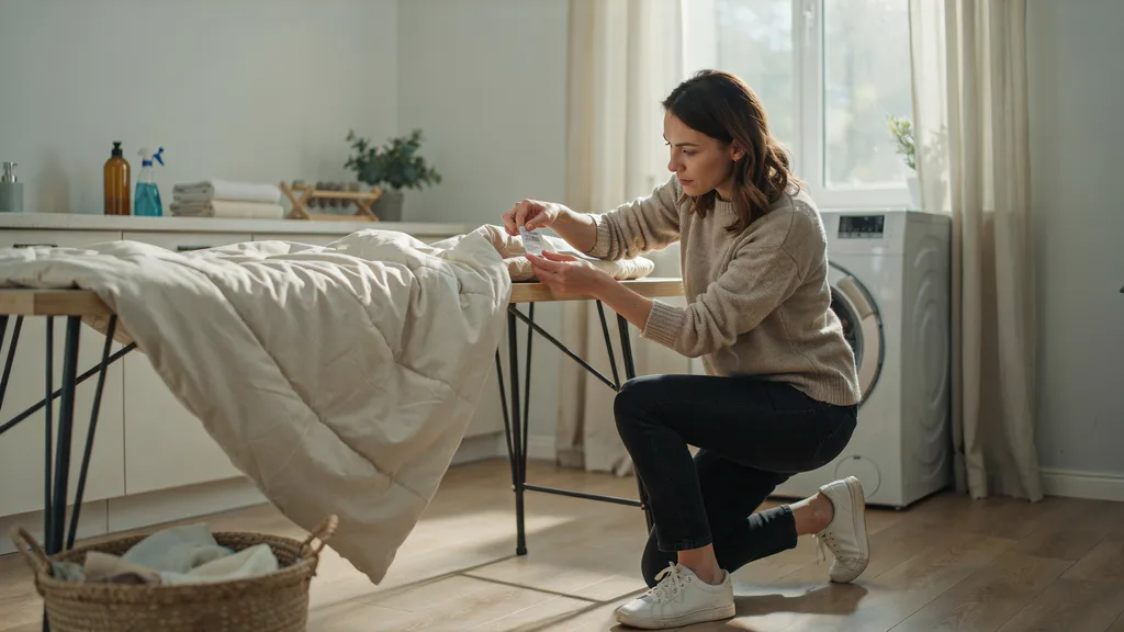 Person checking care label and inspecting a comforter before washing it in a laundry room.