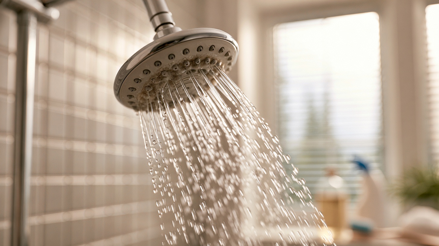 Clogged shower head with mineral buildup and cleaning supplies ready for cleaning.