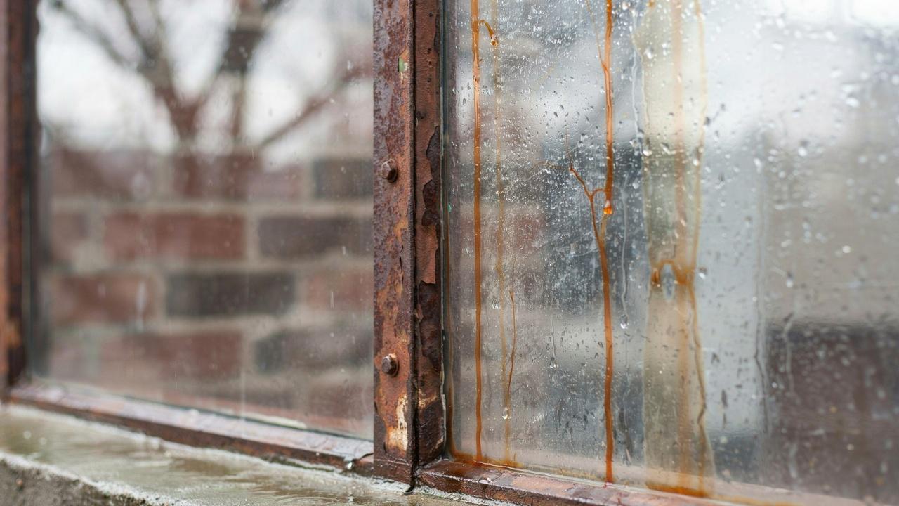 Rust stains forming on glass from rusty metal frame.