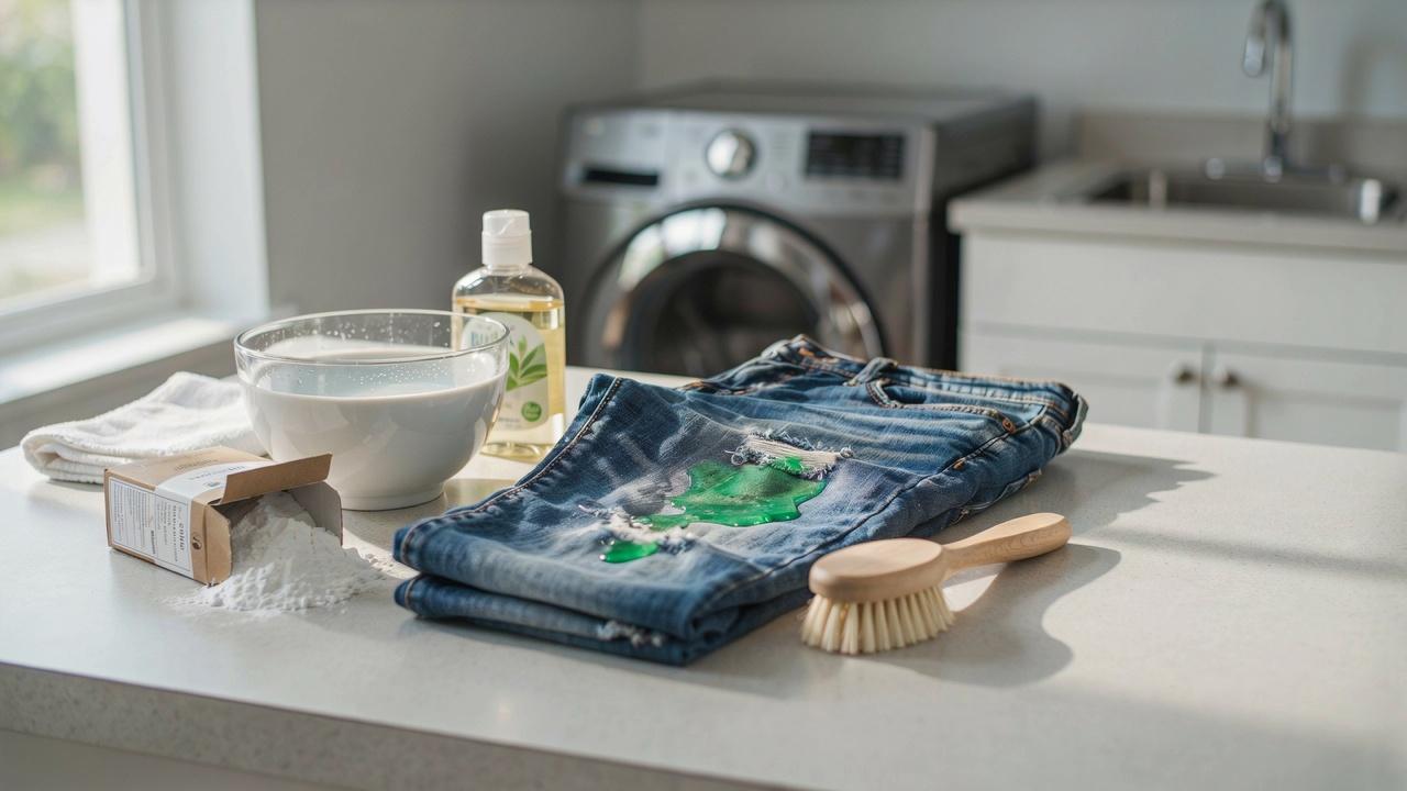 Household cleaning supplies placed beside slime-stained blue jeans.