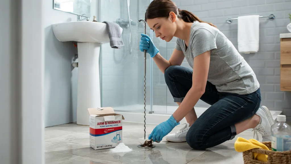 Person removing hair from a clogged shower drain using simple cleaning tools.