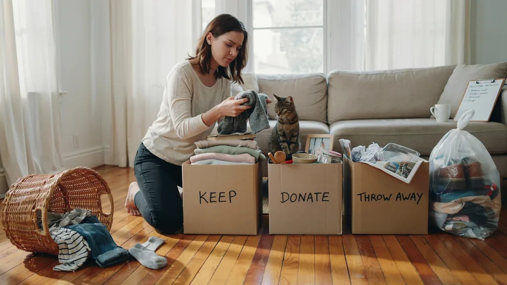 Image showing sorting items for keeping, donating, or discarding during decluttering.